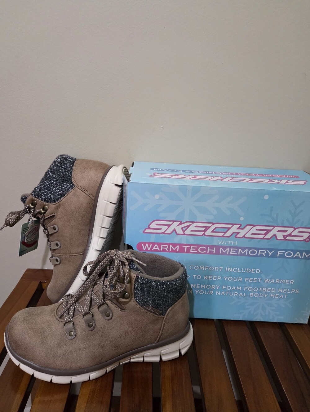 Skechers Women's Taupe Lace-Up Knit Collar Ankle Boots Sizes 6,7 NEW
